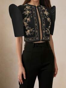 Modern Philippine Style Philippine Pattern Vintage Print Puff Sleeve Blouse, Spring/Summer - Black - View 3