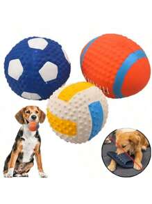 Interactive Pet Squeaky Toys, Pet Chasing Toys Ball, Dog Football/Volleyball/Rugby, Squeaky Dog Balls, Interactive Latex Rubber Squeaky Dog Toys, Soft Bouncy Fetch Toys For Small Dogs, Training Tools, Pet Supplies, No Battery Required - Multicolor - View 3