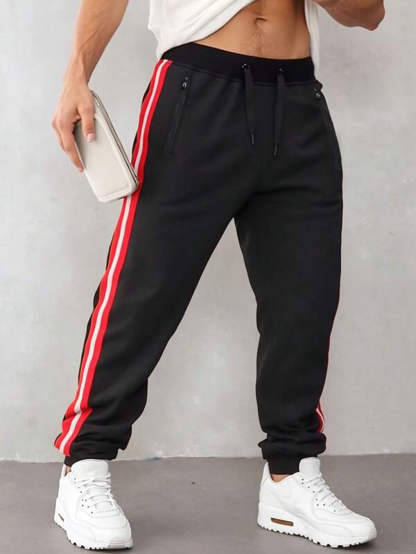 Men's Summer Patchwork Ribbon Casual Running Pants, Lightweight Elastic Zipper Pocket Pants For Jogging, Vacation, Gym, All Season