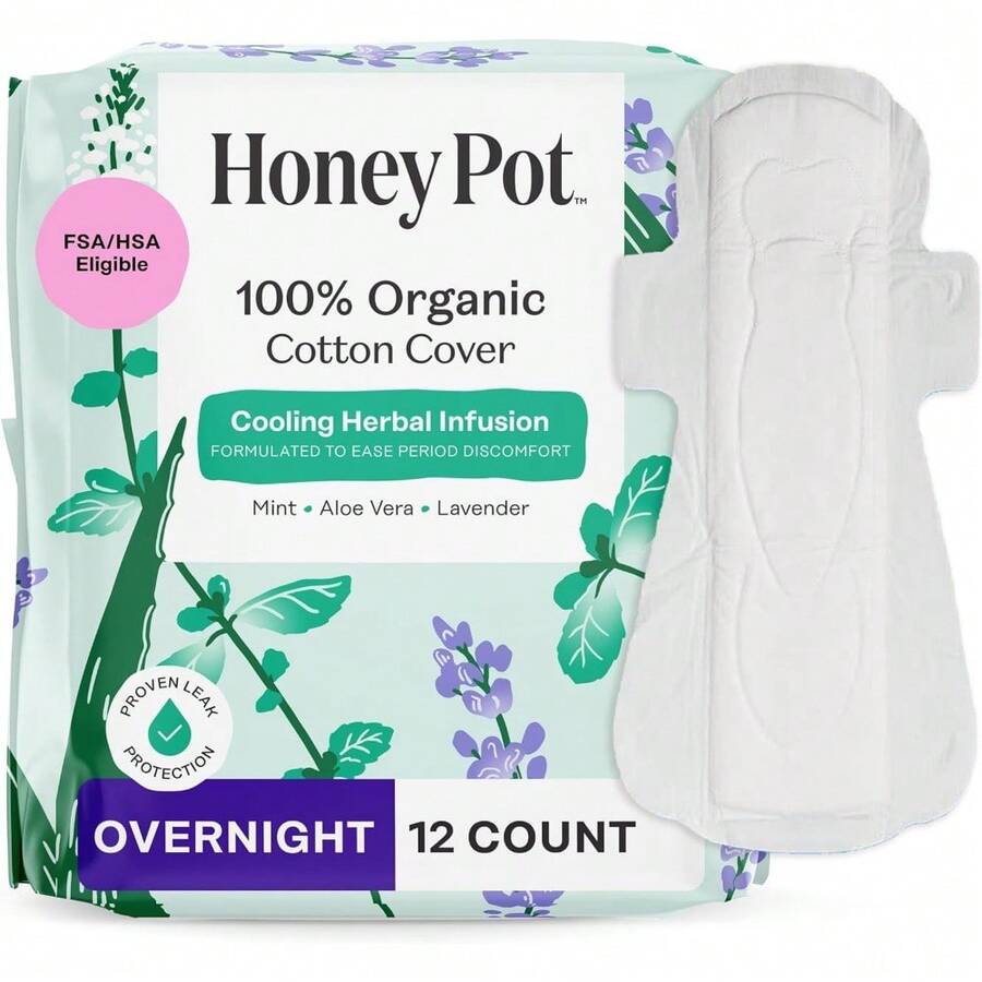 The Honey Pot Company - Herbal Sanitary Pads For Women - Regular Flow W/Wings - Infused W/Essential Oils For Cooling Effect & Organic Cotton Cover - Feminine Care - FSA & HSA - 20 Ct - 48 Count (Pack of 1) - 查看 1