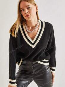 Women's V-Neck Knit Long Sleeve, Loose Fitting Sweater