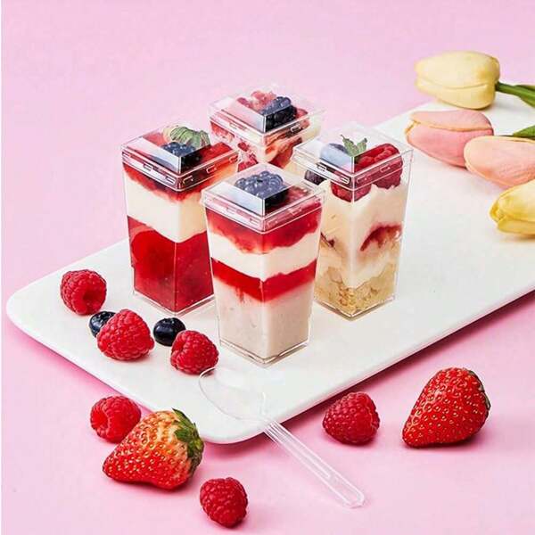 50/20/10 pièces Petits pots carrés de 3 oz pour desserts, tasses en plastique réutilisables pour yaourt, gelée, cheesecake, crème dessert. Convient pour les fêtes, la Fête des mères, les mariages, les voyages, le thé de l'après-midi, le bureau, les événements