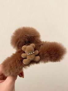 新款可爱植绒小熊毛绒发夹，优雅头饰女士发饰，秋冬发爪发夹发夹发颚夹发夹发夹，休闲秋季发饰女士度假装扮