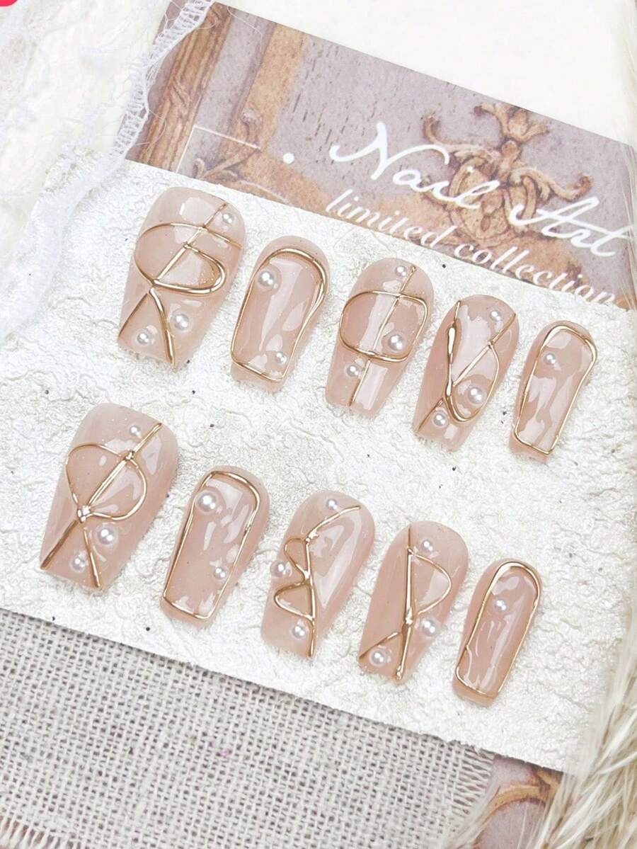 nailrosy 10Pcs Handmade Press On Nails Short Gift Box Included Coffin Apricot Acrylic Beach Essentials Nail Supplies Fake Nails Stickers (Random Packaging Card)3D Floral Manicure Y2K Cute Suitable For Girls And Women Festivals Parties And Daily Wear Gems Stuff French Gems Stuff - 杏色 - 查看 1