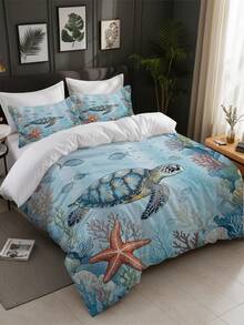 3 pièces Ensemble de housse de couette imprimé tortue marine, étoile de mer, corail océan (1 housse de couette + 2 taies d'oreiller, insert de couette non inclus), thème océan, apaisant la fatigue visuelle, convient pour toutes les saisons, idéal pour la décoration de literie d'hôtel, chambre, chambre d'amis et dortoir - Multicolore - Voir 2