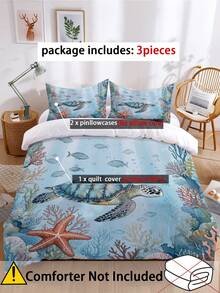 3 pièces Ensemble de housse de couette imprimé tortue marine, étoile de mer, corail océan (1 housse de couette + 2 taies d'oreiller, insert de couette non inclus), thème océan, apaisant la fatigue visuelle, convient pour toutes les saisons, idéal pour la décoration de literie d'hôtel, chambre, chambre d'amis et dortoir - Multicolore - Voir 6