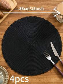 1/4/6/12pcs Bohemian Woven Round Placemats, Solid Color With Braided Edge, Non-Slip Tabletop Mats For Home Kitchen, Suitable For Holiday Party, Birthday, Wedding, Dinner (Multiple Color Options) - Black - View 18