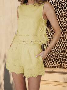 Embroidery Set For Women Summer Sleeveless Round Neck Tie Up Tank Tops Side Zipper Shorts 2 Piece Outfit - 黃色 - 查看 1