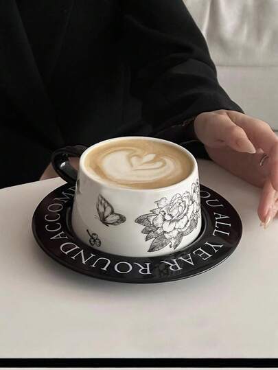 1套复古风格陶瓷咖啡杯碟套装，复古水彩设计，时尚家用陶瓷咖啡杯碟套装