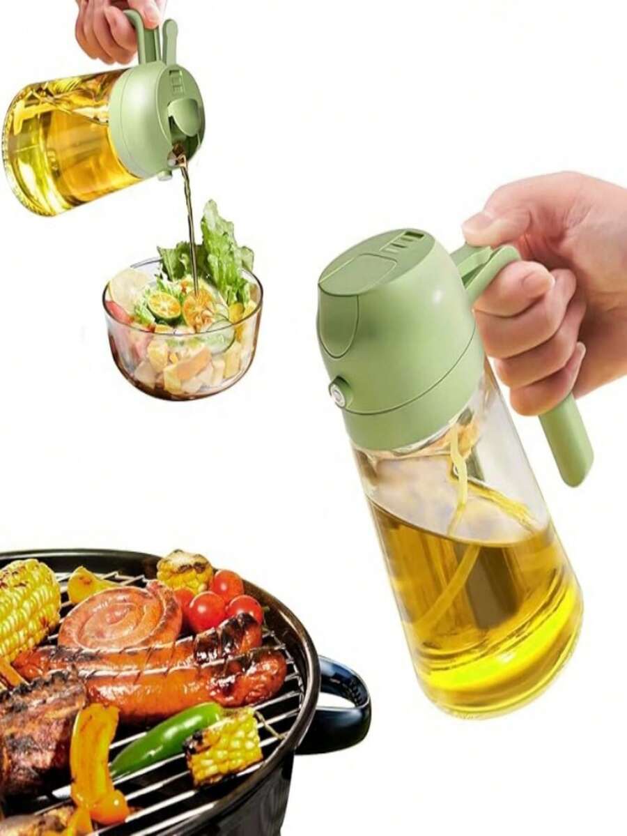 2-In-1 Glass Oil Dispenser And Sprayer - 1 Pack Round Shape - PVC Free - Machine Washable - Ideal For Cooking, Air Fryer, BBQ, Salad - Kitchen Oil Sprayer Bottle - Easy Grip Handle - Perfect For Cooking - 綠色 - 查看 1