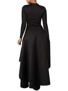 Casual Solid Ruffles Hem Asymmetrical Shirt Dress Long Sleeve T Shirt Blouse Long Tunic Dresses Going Out Irregular Skirts Tops Fall Winter Clothes - 黑色 - 查看 3