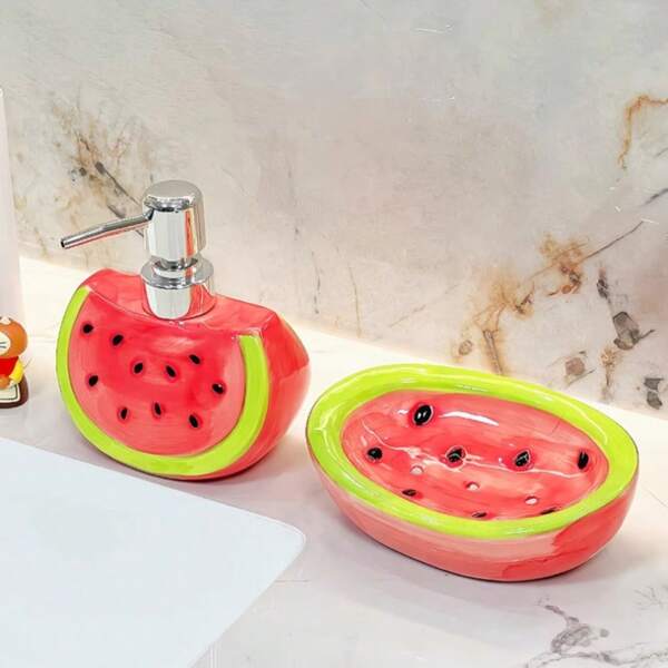 1pc Cute Watermelon Lotion Bottle Ceramic Soap Dispenser Refillable Pump Bottle For Liquid Soap, Shampoo, Shower Gel, Hand Soap, Kitchen Detergent, Bathroom Lotion Dispensing Bottle, Hotel B&B, Kitchen, Sink
