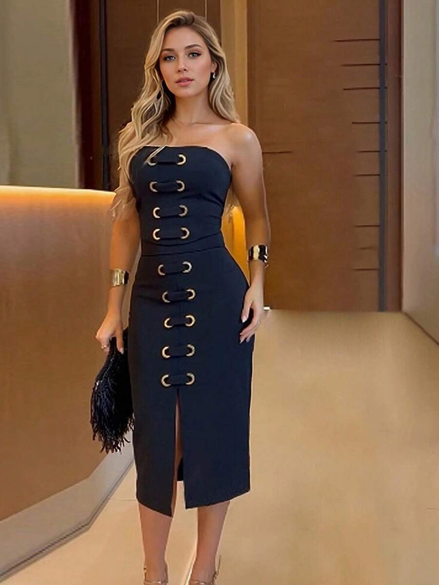 2025 New Elegant Sleeveless Backless Two Pieces Cocktail Dress, Solid Color, Slit Hem, Suitable For Weddings, Galas, Formal Parties And Events - Black - View 1