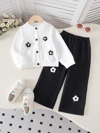 2pcs/Set Girls Casual Cute 3D Floral Blouse And Pants Outfit, Spring/Autumn