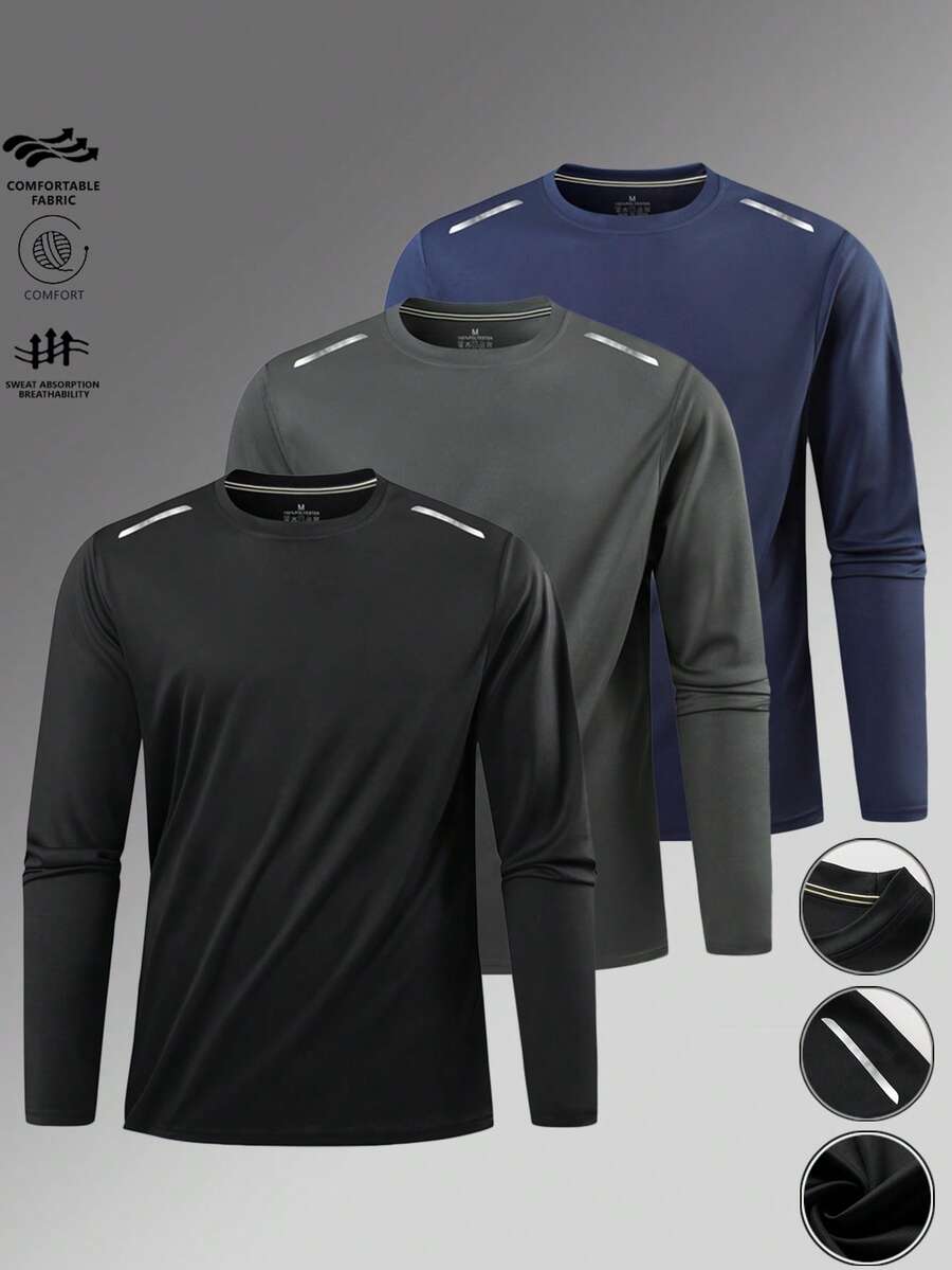 3pcs Men's Basic Long Sleeve T-Shirts, Solid Color Sports Quick-Dry Undershirts, Lightweight Breathable Fitness Running Tops, Fall Clothes - Multicolor - View 1