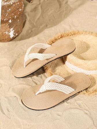 大码男士人字拖，夏季休闲编织带平底凉鞋，黑色，适合户外、沙滩、防滑，杏色 EVA 材质亚麻外观拖鞋