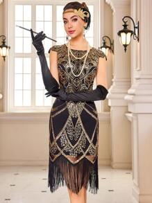 LVNES 1920s Vintage Gatsby Cocktail Dress, Elegant Beaded Embroidered Ball Dress