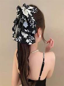 1 chiếc kẹp tóc lớn cho nữ, chất liệu vải, màu đen trắng, in hoa, phụ kiện tóc thời trang, kẹp tóc nơ cho mùa thu đông, trang phục đi nghỉ mát, mùa hè. - Đen và trắng - Xem 9