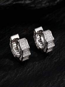 2 件男士方晶锆石耳钉，银色调铜色时尚珠宝派对礼物