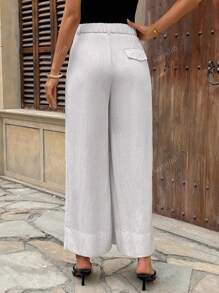 Solid Color Pocket Zipper Button Front Pleat Back Pockets Oversized Leg Pants
