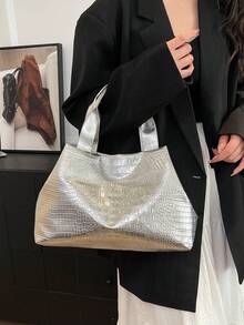 2025新款大容量手提包，亮面简约女士时尚百搭通勤托特包 - 銀色 - 查看 5