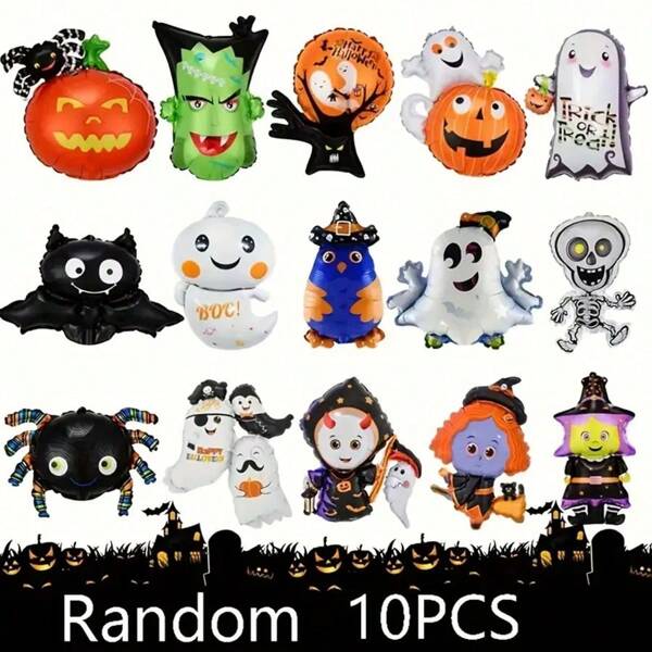 10 mini balões de alumínio aleatórios com tema de Halloween para decoração de festa de Halloween