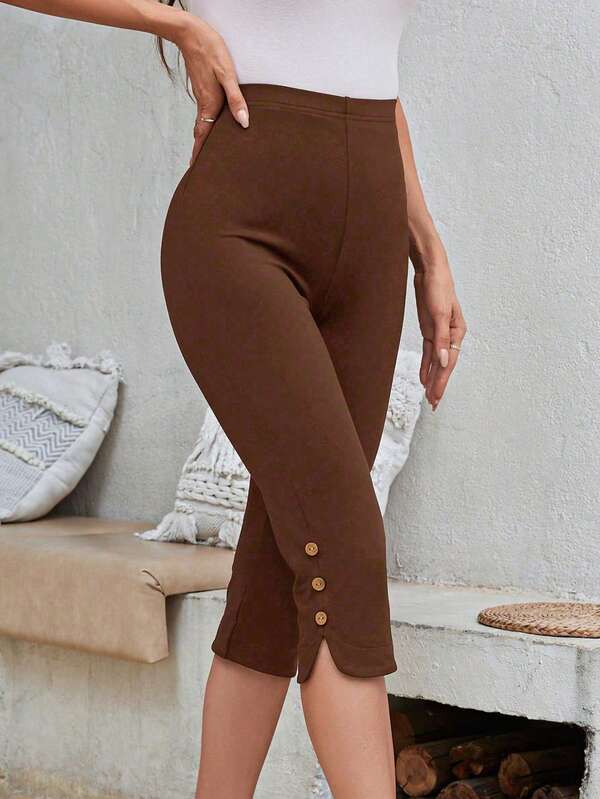 Plus Size Women Fashion Solid Color Fitted 7/8 Pants