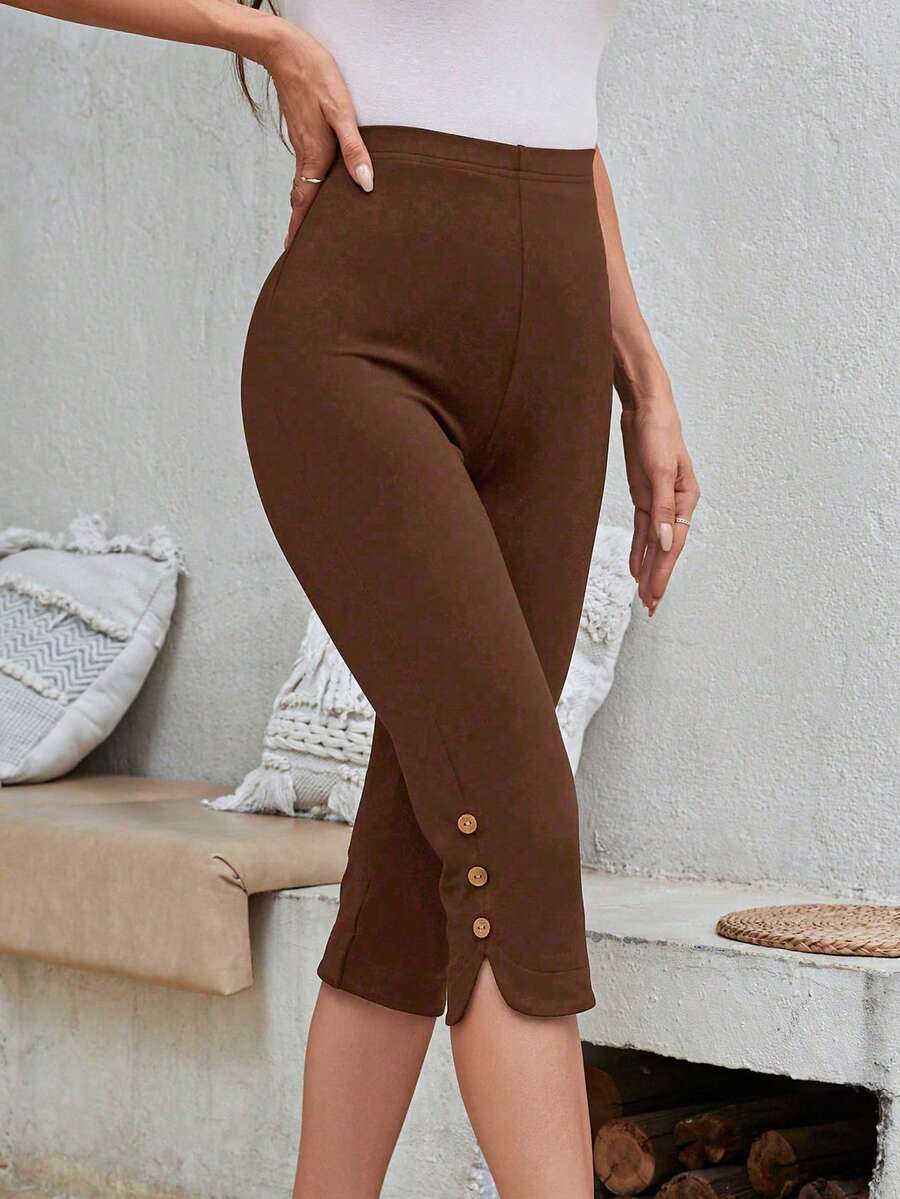 Plus Size Women Fashion Solid Color Fitted 7/8 Pants