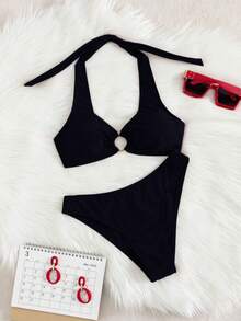 2026夏季新款优雅女士沙滩水疗度假比基尼两件式泳衣，适合新年、情人节、音乐节等场合，休闲纯色弹力分体泳衣度假黑色 - 黑色 - 查看 3