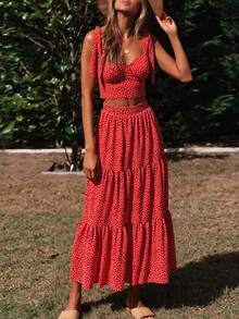 女士夏季心形印花性感优雅休闲波西米亚度假细肩带露背弹力荷叶边短款上衣和高腰 A 字长裙套装，适合日常外出、通勤、约会、海滩度假、节日、派对、街头摄影穿着 - 紅色 - 查看 6