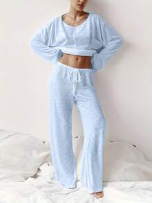 Ladies' Pajama SetSolid Color Semi-Transparent Fabric, Round-Neck, Long-Sleeved, Lace-Up, Straight Long Pants Set, Suitable For Wearing Home Wear And Pajamas - Blue - View 1