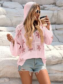 Plus Size Casual Loose Floral Print Hooded Pullover Sweater, For Winter - Pink - View 6
