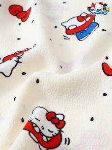 Sanrio 3件套女士春夏迷你波点三丽鸥Hello Kitty Polo领短袖纽扣口袋上衣和蝴蝶结裤子/短裤睡衣套装，适合居家穿着，秋冬服装