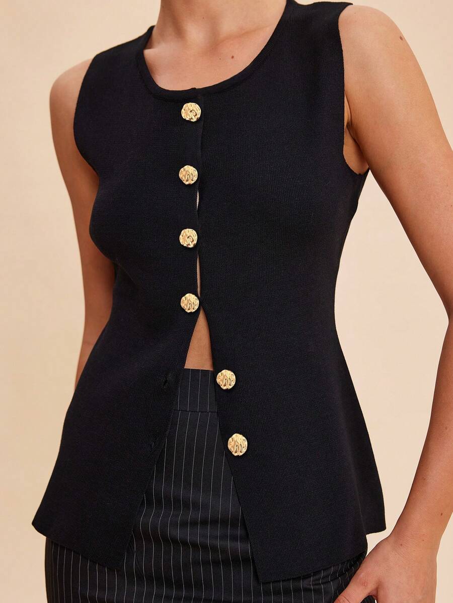 复古别致时尚优雅金属纽扣前开纯色不透明无袖圆领商务夹克工作服马甲修身简约休闲上衣针织背心毛衣女