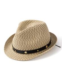 1pc Star Patchwork Bohemian Leather Strap Decorative UV Protection Woven Straw Panama Hat, Western Cowboy Sun Hat, Fashionable All-Match For Men And Women, All Seasons