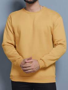 Cold Weather Sweatshirt Without Hood Round Neck Plain With Plush 3 Cables High Quality Unisex - 芥末黃 - 查看 1