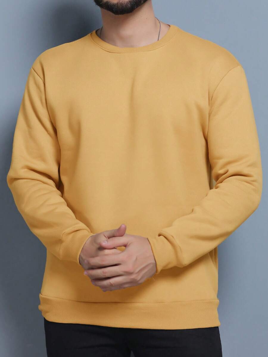 Cold Weather Sweatshirt Without Hood Round Neck Plain With Plush 3 Cables High Quality Unisex - 芥末黃 - 查看 1