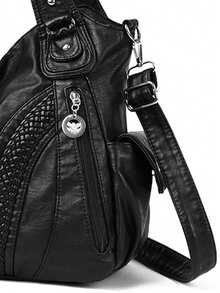 奢华高品质软皮手提包设计师复古斜挎包女士大容量单肩邮差包 - 黑色 - 查看 8