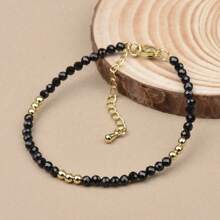 1pc Men's 3mm Black Onyx, Quartz, Lapis Lazuli Bead & Golden Copper Bead Adjustable Bracelet, Suitable For Daily Wear And Gift