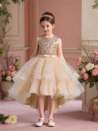 Young Girls Sleeveless Round Neck Sequin Bow Tulle Trailing Puffy Dress, Elegant & For Weddings & Parties, Excluding Headband