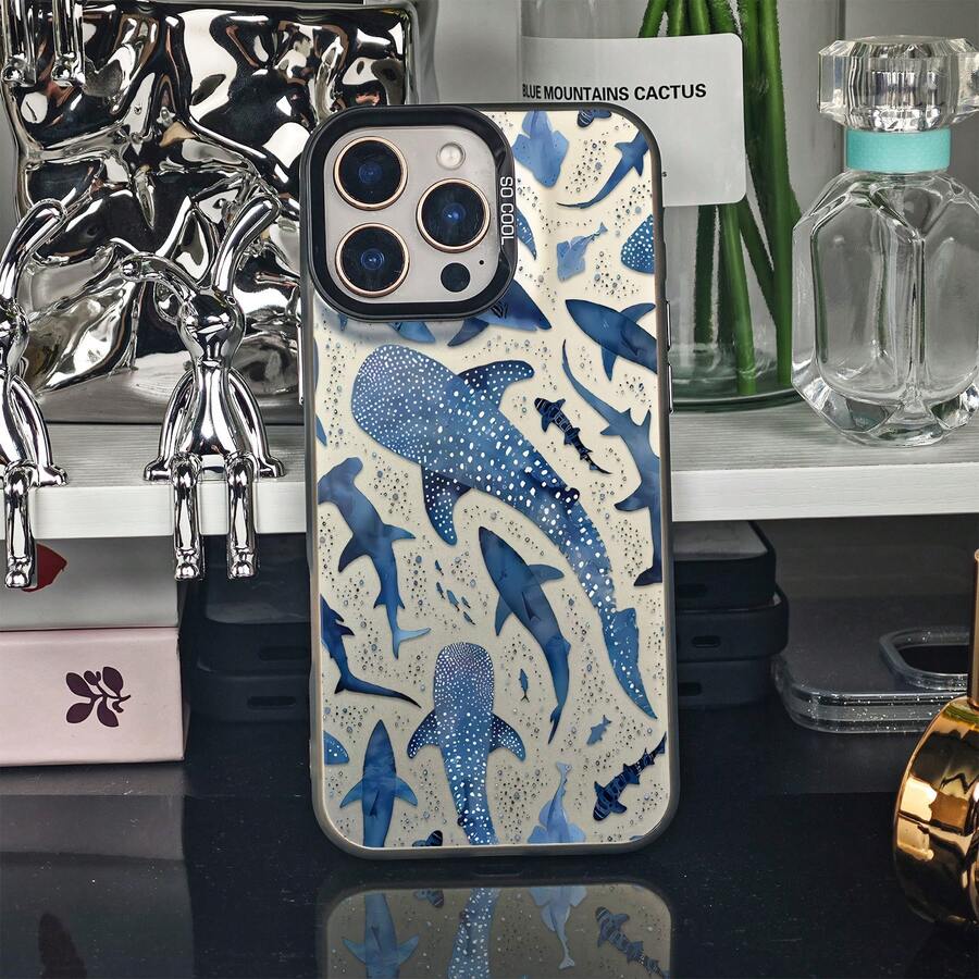 Suitable For IPhone 16/15/14/13/12/11 Pro Blue Whale Shark & Shark Pattern, Marine Life - Inspired Graphic Mobile Phone Case, Using PC Material, Fashionable And Beautiful Protective Case Gifts For Family, Friends, Kids, Birthday,Spring, Holiday, Boyfriends, Girlfriends, Valentine's Day - Black - View 1