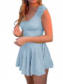Women Flowy Pirate Dress Fairy Short Sleeve Y2k Off Shoulder Ruffle Corset Mini Dresses - 藍色 - 查看 6