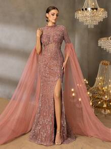 Faeriesty Faeriesty Elegant High-Neck Evening Gown With Sheer Chiffon Sleeves, Thigh Slit & Mermaid Train - Structured Formal Dress For Red-Carpet Galas, Luxury Weddings, Black-Tie Events, Award Ceremonies, And Gala Dinners
