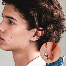 4 Pares de Brincos Magnéticos de Aço Inoxidável para Homens e Mulheres, Não Perfurantes, CZ Hipo-alergênico, Conjunto de Brincos de Botão Magnético Redondo, Quadrado e Gota de Lágrima com Halo de Diamante Falso - Prata - Visão 4