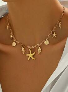 1 Collier Pendentif de Mode Femme Style Vintage Bohème Vacances Océan avec Pendentifs Forme d'Étoile de Mer, Coquillage, Conque et Tortue. Chaîne de Clavicule Multifonctionnelle Idéale comme Cadeau de Fête ou Festivité