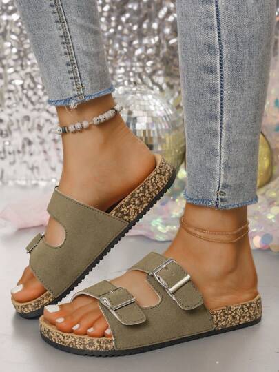 Buckle Flat Soft Cork Slippers, Breathable Summer Beach Strap Fashion Versatile Outdoor Casual Sandals, Super Classic. Adjustable Size