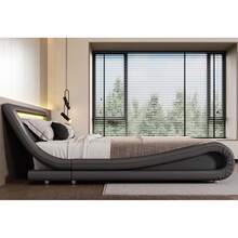 SHA CERLIN Full/Queen/King Size Upholstered Modern Bed Frame With LED Headboard, No Box Spring Needed, Strong Wood Slats Support, Easy Assembly, Grey - Xám - Xem 3