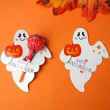 50pcs Halloween Candy Decoration Paper Labels, Ghost Pumpkin Lollipop Biscuit Clip Cards, Trick Or Treat Halloween Party Home DIY Decoration Items, White