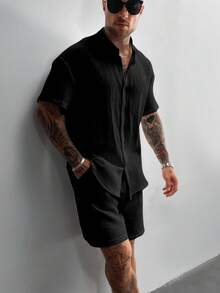 Áo sơ mi nam GloMan phong cách Old Money màu trắng, 100% cotton, kiểu dáng tối giản, cổ đứng, tay ngắn, cài nút, thoáng khí, thích hợp mặc công sở mùa hè. Quà tặng Ngày của Cha. Quà tặng cho Mẹ. - màu đen - Xem 6