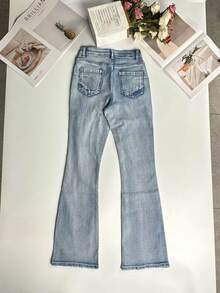 女式秋季度假风格休闲破洞紧身喇叭牛仔裤 - 藍色 - 查看 7